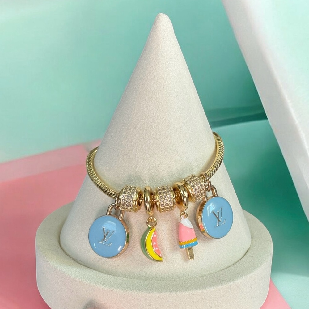 LV Skittles Gold Bracelet with Blue and Colorful Charms - Repurposed